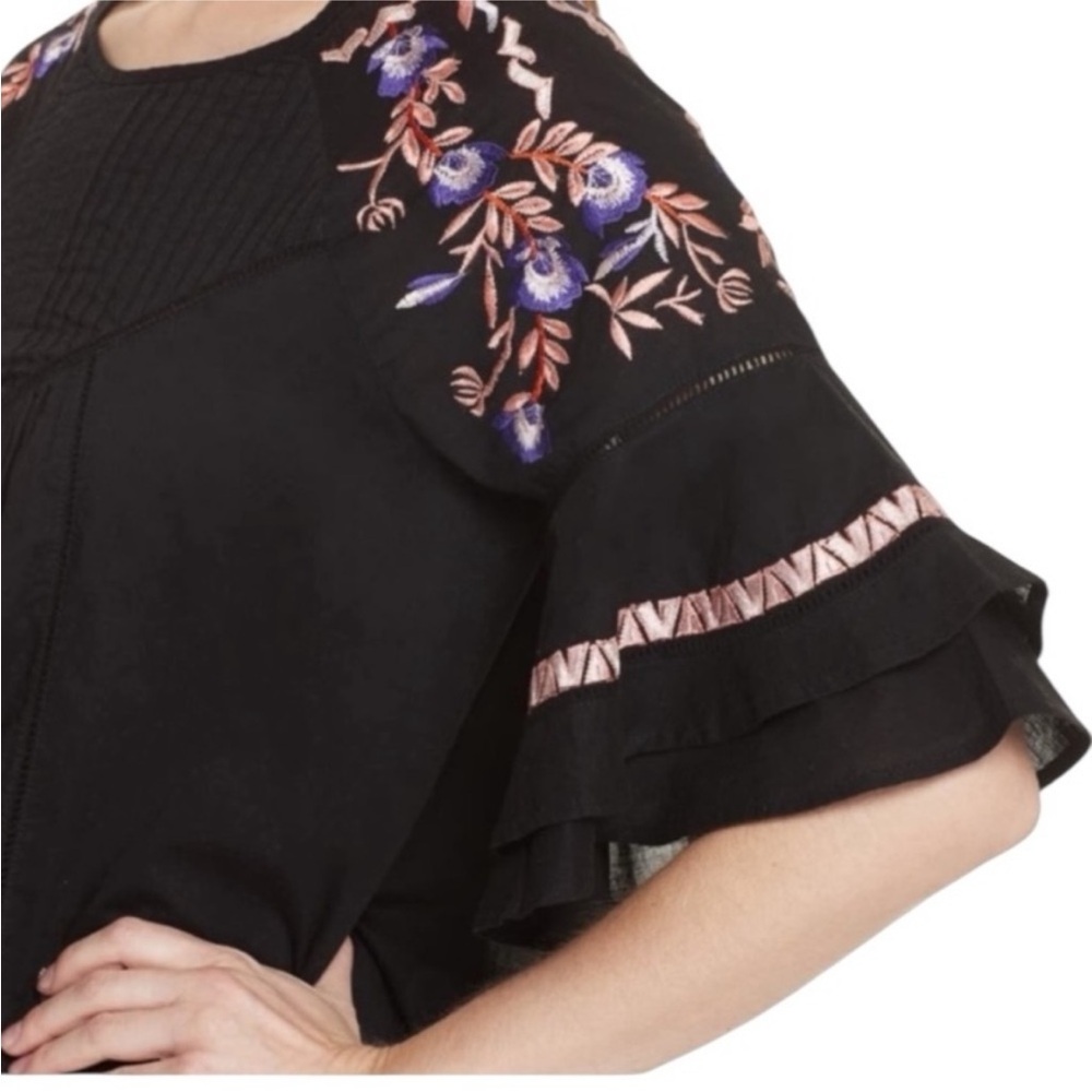 Free People Black Mini Dress with Purple & Blush Floral Embroidery SZ XS - Picture 3 of 5